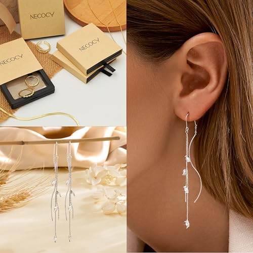 NECOCY Gold Dangle Earrings for Women Non Tarnish 14K Gold Plated Drop Wedding Hypallergenic Earring Dainty Long Hanging Chain CZ Pearl Threader Earrings Trendy Silver Plated Jewelry for Women - style: Silver&Style2
