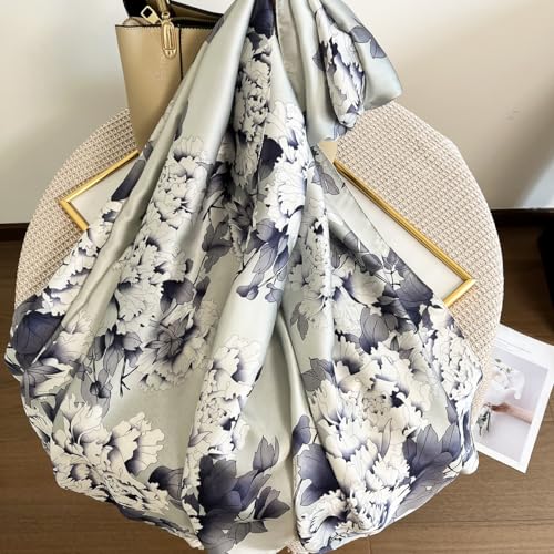 Long Silk Like Scarf Lightweight Satin Scarves Large Sunscreen Shawl Wrap for Women - color: 012.chrysanthemum Blue