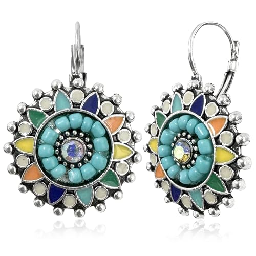 Unique Bohemian Vintage Sparkly Crystal Colorful Round Flower leverback earrings Boho Retro Bronze Circle Beaded Flower Floral Dangle Drop Earrings for Women - color: Sliver Blue