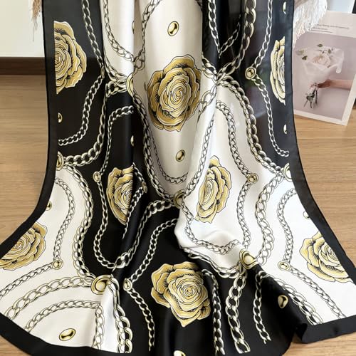 Long Silk Like Scarf Lightweight Satin Scarves Large Sunscreen Shawl Wrap for Women - color: 018.chains and Flowers Black