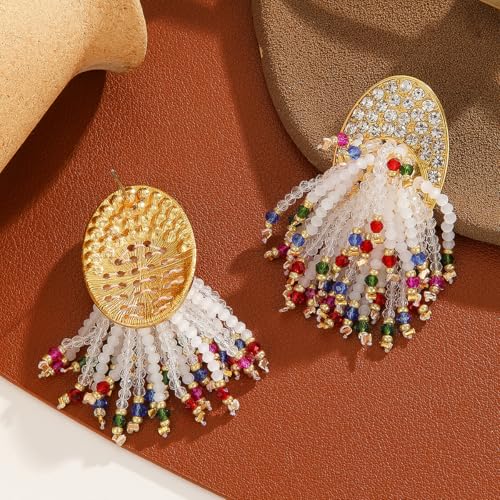 Crystal Beaded Tassel Drop Earrings, Rhinestone Gold Tone, Bohemian Dangle Statement Jewelry for Women