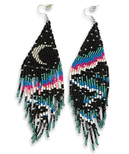 Long Beaded Earrings for Women, Statement Tassel Dangling Earrings, Native American Jewelry Boho Country Colorful Flower Moon Bead Gifts - style: Pink Aurora Night