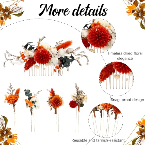 Suncalla 5 Pcs Burnt Orange Dried Flower Hair Pins for Wedding Baby Breath Comb with Eucalyptus Leaves Fall Hair Accessories Bulk for Women Girls Bride Bridesmaid Bachelorette - color: Orange, style: Warm