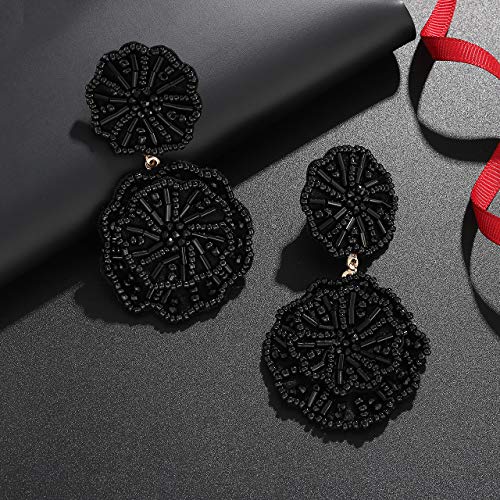 Statement Beaded Drop Earrings for Women Layered Bead Dangle Earrings - color: Black