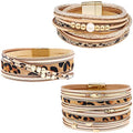 Wowanoo 3Pack Leather Cuff Bracelet Set Multilayer Wrap Bracelet Crystal Feather Tree Bracelet Magnetic Clasp Bracelet for Women - color: LeopardSnake