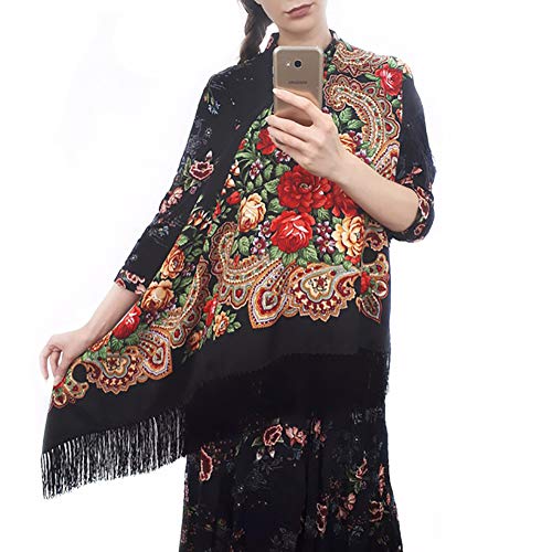 Gudessly Women's Traditional Scarf Wrap Tassel Fringes Neck Head Shawl Retro Scarf Floral Poncho Printing Square Cape 50inch - color: Black