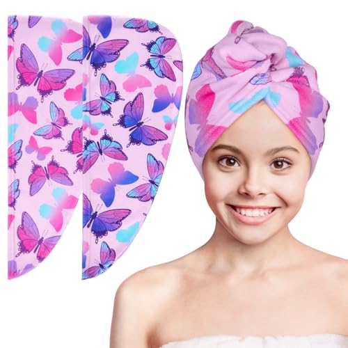 Basumee Microfiber Hair Towel Wrap for Kids 2 Pack - Rapid Drying Turbans With Button for Wet Hair - Head Towel Wrap for Women and Girls, Blue Pink Butterfly - color: Blue Pink Butterfly