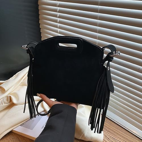 Women's Suede Fringe Crossbody Bag, Retro Hollow Handle Shoulder Purse, Novelty Fashion Tassels Bucket Bag Handbag - color: Black