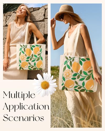 Miss Adola Embroidery Tote Bag with Pocket & Buckle - Reusable Canvas Tote for Women Cute Aesthetic Work Shopping Grocery Bag - style: Lemon