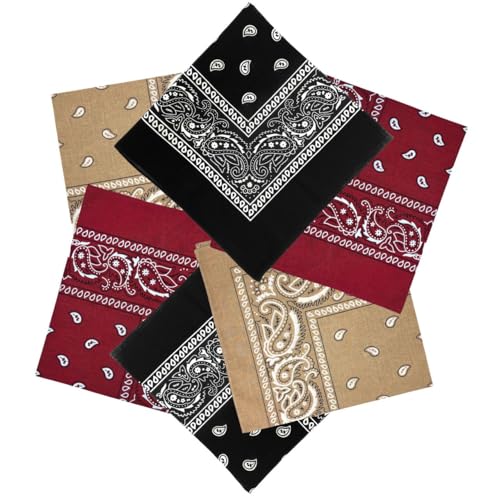 MDSTYLE 6 Pack 100% Cotton Bandanas 22” x 22" for Men & Women Paisley Handkerchief Headband Scarf Bandana - color: Black X2, Burgundy X2, Tan X2