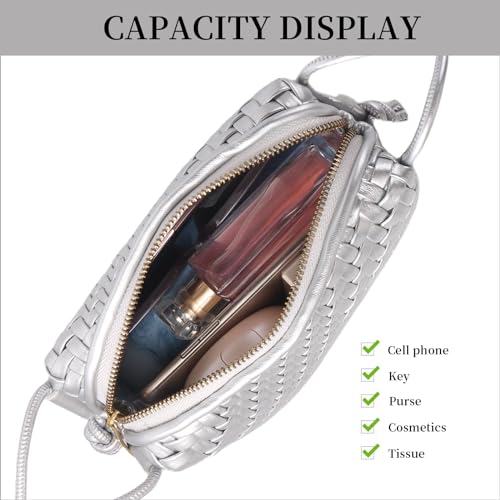 Woven Crossbody Bags for Women Handwoven Purses Vegan Leather Small Handbag Handmade Shoulderbag | Lightweight - color: Silver