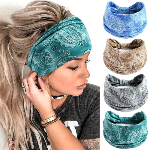 FULZTEY Boho Headbands for Women Fashion Wide Head Bands Floral Print Hairband Elastic Workout Yoga Sweatband Knot Cloth Turban Large African Bandana Headwraps Cute Hair Accessories Gift 4Pcs - color: Style10