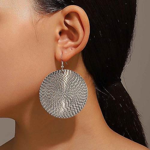 Boho Texture Disc Earrings - Gold Coin Vintage Drop Earrings, Hammered Round Circle Dangle Jewelry for Women - color: Silver