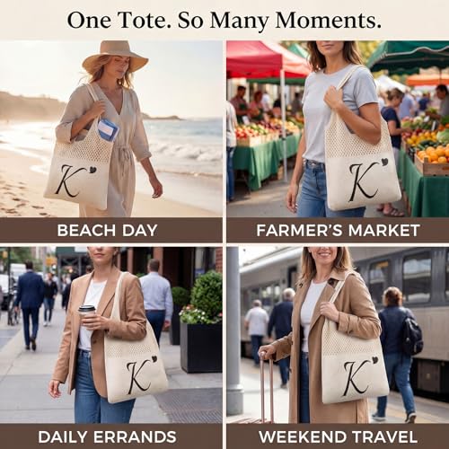 Shinylin Personalized Crochet Tote Bag for Beach Women Beige Mesh Knit Shoulder Bag Boho Aesthetic Tote for Women - style: Letter K