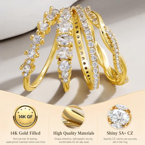KISS WIFE 8 Pcs 14K Gold Plated Stackable Rings Set for Women, Dainty Sparkling Cubic Zirconia Statement Rings, Non Tarnish Engagement Wedding Bands, Minimalist Daily Wear Finger Jewelry, Ideal Gift