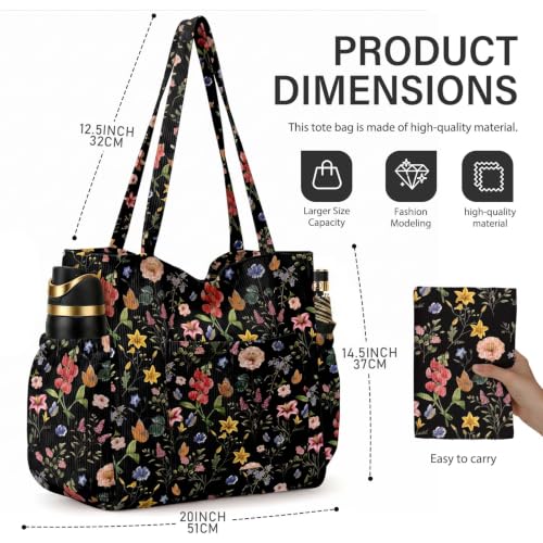 Corduroy Tote Bag for Women,Large Capacity Cute Tote Bags With 6 Pockets,Crossbody Shoulder Handbag for Work Travel Gym - color: Black Retro Flowers
