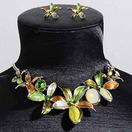 AMYJANE Vintage Statement Jewelry Set - Spring Leaf Flower Floral Plant Necklace Earring Set Crystal Rhinestone Fashion Costume Jewelry for Women Prom Party Unique Gift - style: Flower Jewelry Set Green
