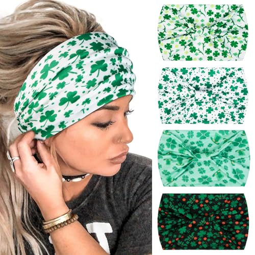 Huachi 4 Packs St. Patrick Headbands for Women Wide Knotted Green Shamrock Head Bands for Women's Hair, Trendy St Patricks Day Headband Party Decoration Hair Accessories for Women Gifts - color: St. Patrick Headband