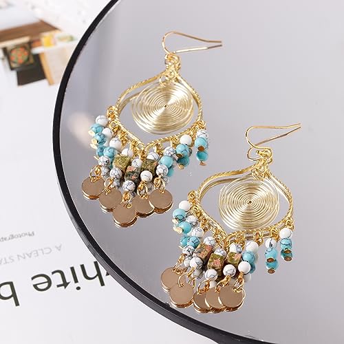 Bohemian Long Tassel Turquoise Beads Water Drop Dangle Earrings For Women Vintage Sbb Copper Coil Necklace Mujer Exaggerated Earring - color: Style 1