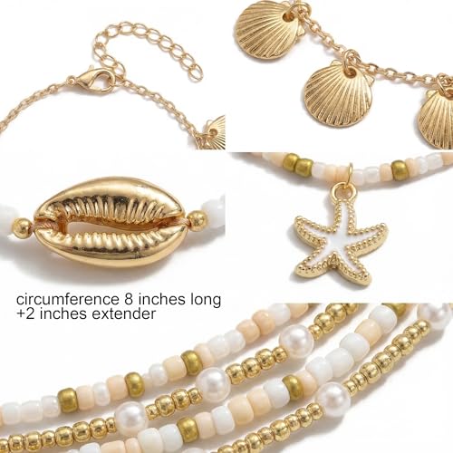 Boho Beads Beach Layered Anklet Set for Women, Handmade Gold Starfish Pearl Shell Anklets Summer Ocean Accessories Jewelry Gift - color: Shell