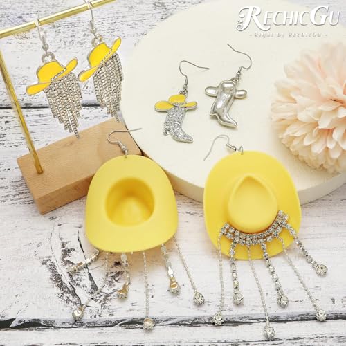 RechicGu 3 Pairs Western Cowgirl Cowboy Hat Earrings Set Silver Symmetric Boots Sparkly Rhinestone Tassels Drop Dangle Rural Culture Earrings Set For Women - color: Silver Boots,Yellow Hat