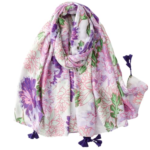 WaJuemy Travel Boho Scarf for Women Casual Lightweight Pashmina Scarves Fashion Multicolor Shawl Wraps with Fringed Beads - color: 06 Purple/Pink Floral