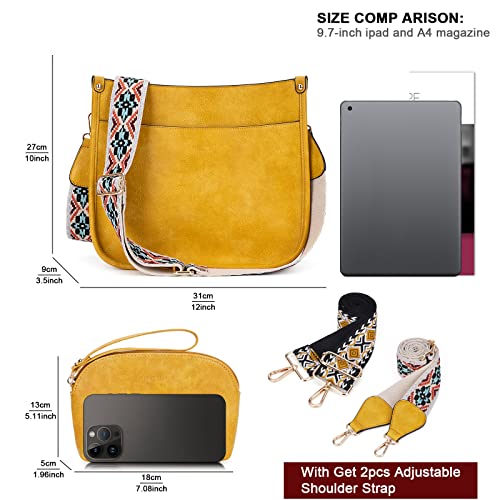 HKCLUF Crossbody Bag Purse for Women 2PCS/Set Leather Hobo Handbag Wallet Set With 2Adjustable Guitar Strap Shoulder Bag | Purse - color: A16-yellow