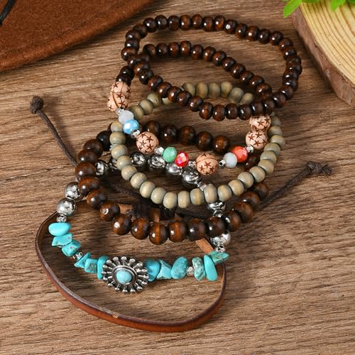 Long tiantian Western Turquoise Beaded Bracelet Set for Women Stackable Cowgirl Bracelets Boho Concho Jewelry Country Concert Rodeo Outfit Accessories Gifts - color: E4:western wooden dress