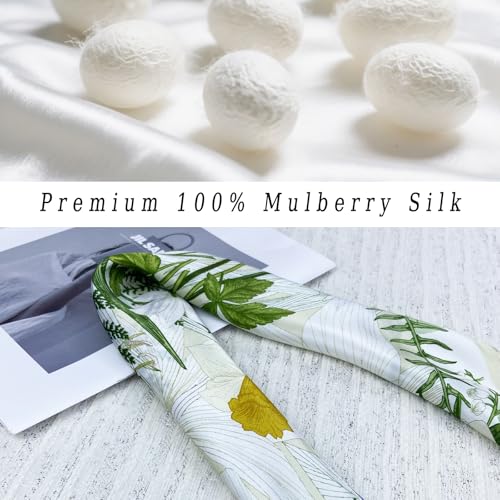Women's Small 21 inch 100% Silk Scarf Bandana for Head Neck Hair | 100% Mulberry Silk Lightweight Designs Gift-Ready Packaging For Hair Fashion 21"x21" Printed - color: 206white Green