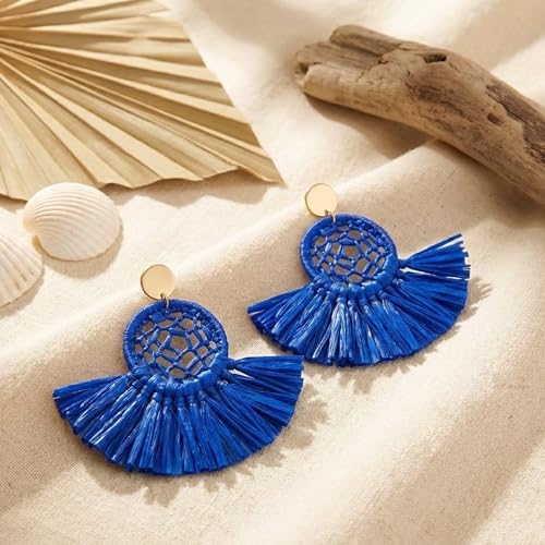 Boho Raffia Summer Beach Earrings for Women, Large Statement Dangle Drop, Lightweight Handmade Woven Fan Tassel Jewelry - color: Navy Blue