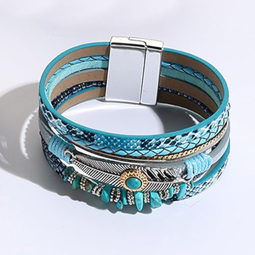 Long tiantian Boho Leather Wrap Bracelets Western Bracelets for Women Stackable Starfish Crystal Pearl Turquoise Leather Bracelet With Clasp Jewelry Gifts Boho Dresses - color: A5:BLUE Bracelet