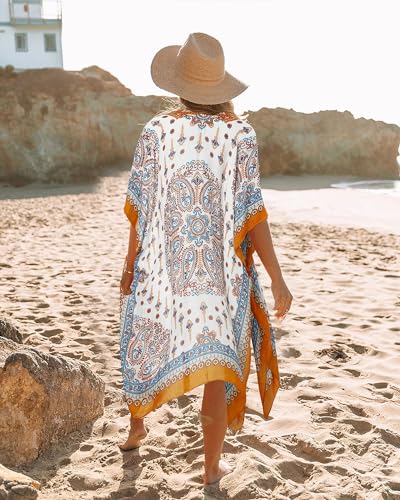 Kimonos for Women Casual Swimsuit Coverup Lightweight Boho Kimono Cardigans for Summer - color: Beige Yellow Paisley