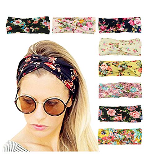 DRESHOW 8 Pack Headbands for Women Yoga Knotted Headbands Elastic Criss Cross Hair Accessories Sports Head Wrap Non Slip - color: 8 Pack Flower Printed Cross B
