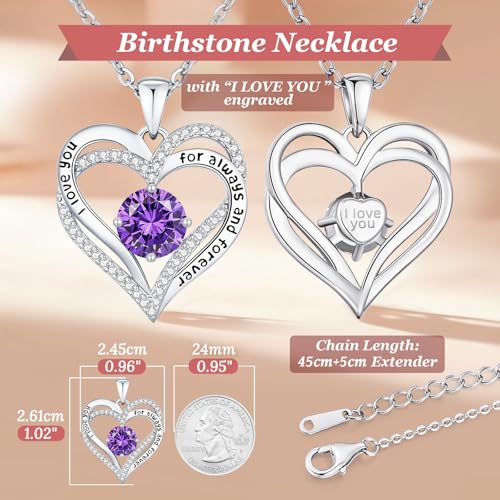 CDE Engraved Forever Love Heart Birthstone Necklace Jewelry Gifts for Women | Hypoallergenic,Nickel-Free & Lead-Free,3 x 3 mm 5A CZ Heart Pendant,Anniversary Christmas Birthday Gift for Girlfriend Wife - color: Birthstone-02-Feb, style: Rhodium Plated-Bra