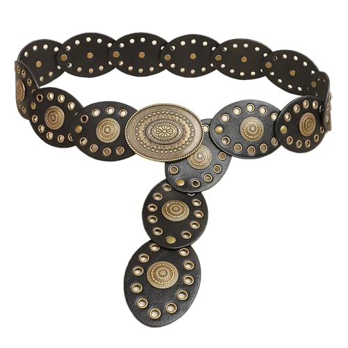 Western Chunky Wide Disc Belt for Women Boho Hollow PU Leather Waist Cowgirl Belt for Dresses Jeans with Metal Buckle - color: Black