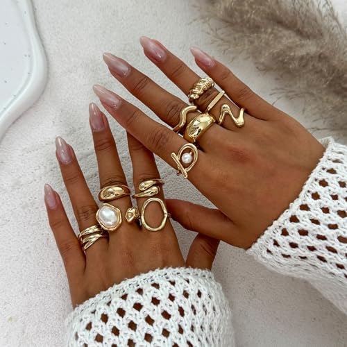 Gold Rings for Women Non Tarnish Stackable Rhinestone Moon Star Rings Dainty Stacking Pearl Butterfly Midi Pinky Thumb Joint Finger Knuckle Ring Set Gold Non Tarnish Jewelry Gifts Trendy Stuff - color: Q Chunky Gold Rings 11Pcs