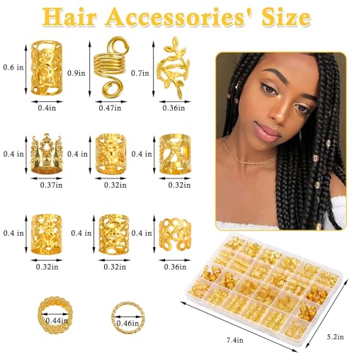Lucomb 220 Pcs Gold Hair Jewelry for Braids, Loc Jewelry for Hair Dreadlock, Loc Charms for Women, Metal Gold Braid Rings Cuffs Clips for Dreadlock Accessories Clip Braids Extensions Decorations - color: Gold