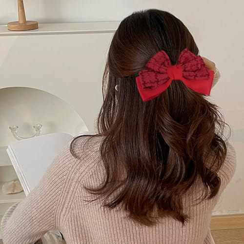 2Pcs Red & Pink Grid Velvet Big Bow Hair Clips for Women Girls, Cute Aesthetic No-Long-Tail Hair Barrettes for Daily Wear