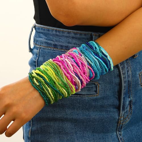 17pcs Bohemian Stackable Multilayer Elastic Bracelets - Handmade Seed Beaded Jewelry for Women & Girls - color: 30Pcs Blue