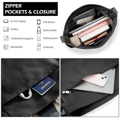 KALIDI Canvas Tote Bag Large Hobo Crossbody Shoulder Handbag Zipper Messenger Bag for Women or Men Casual College Work - color: Black