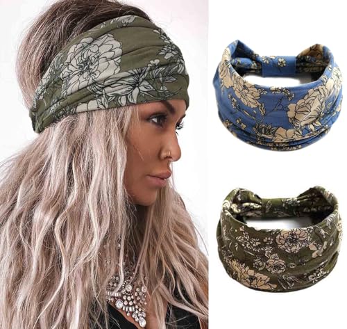 Boho Headband Fashion Wide Headband Knoted Turban Yoga Workout Head Bands Hair Accessories For Women (flower4, Pack of 2) - color: flower4, size: 1 Count (Pack of 2)