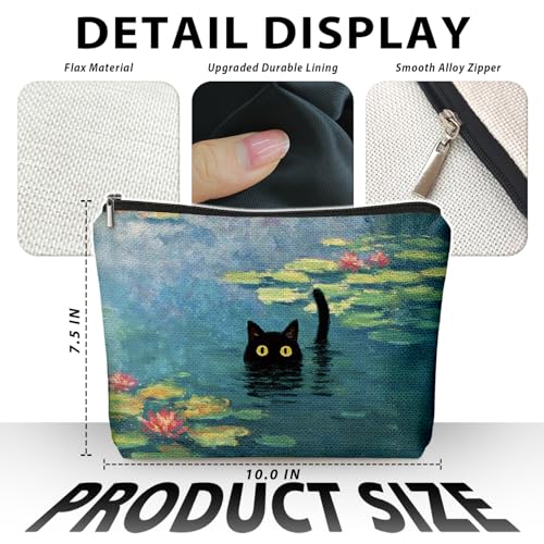 Black Cat Makeup Bag, Black Cat Mom Lovers Lady Gifts Cosmetic Bag for Women, Pet Lover Gifts, Impressionist Whimsical Waterlily Kitten Small Toiletry Bags Zipper Makeup Pouch - color: 02-Cat(00)