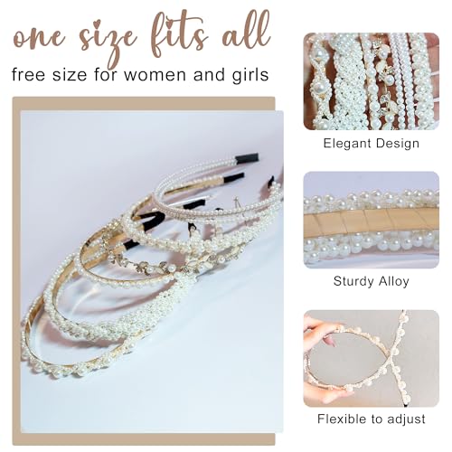 6 Pack Pearl Headbands for Women Girls, Gold Metal Hair Bands Set, Elegant Bridal Wedding Hair Accessories, Vintage Twisted Braided Hair Hoops, Non-Slip Headpiece for Birthday Gift - color: Type 17