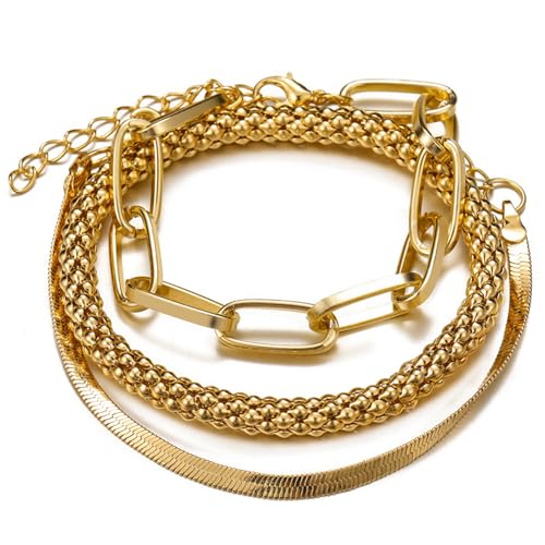 Alegend Titanium Steel (Not Rust, Resist Corruption, Easily Clean) 18K Gold Plated Single Bracelets + 14K Gold Plated Stackable Multilayer Bracelets - style: 14KGold + 3PCS
