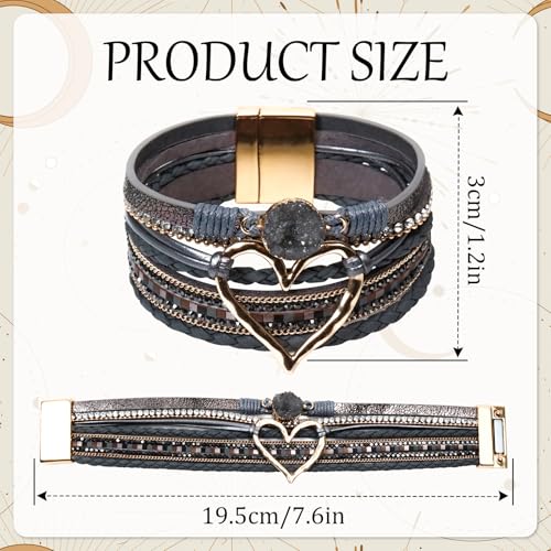 Leather Wrap Bracelet for Women, Boho Cuff Bracelet with Strong Clasp, Multi-Layer Crystal Leather Bracelet for Valentine Mother's Day - color: 01-Heart-Grey