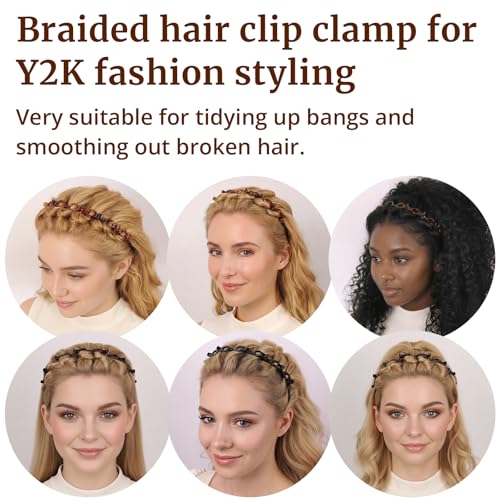 2 Pack Clip Headband for Twisty Bangs, 90s Hair Accessories for Women with 8 Mini Clips, Braided Hair Clip Headbands for Y2K Fashion Styling, Black and Brown