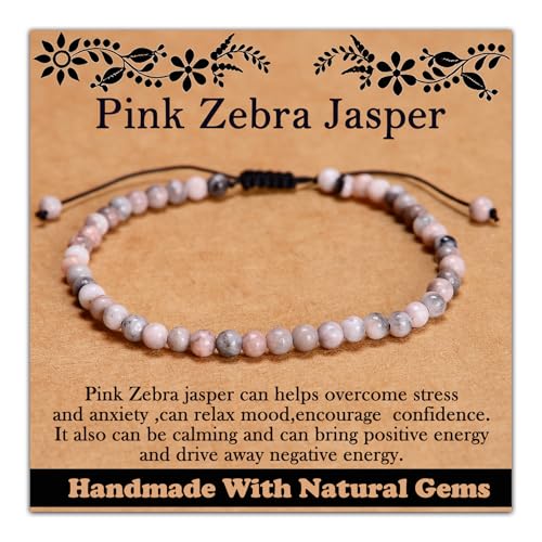 468Handmade Adjustable Natural Gemstone Crystal Bracelet Healing Power Energy Inspirational Gifts with Card for Unisex - color: 07-Pink Zebra Jasper(Relax mood), size: 4mm