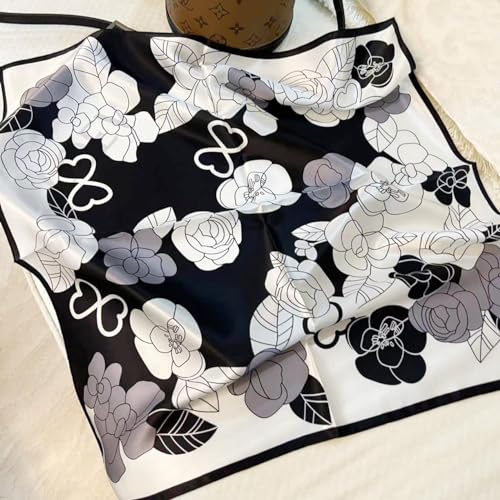 MEISEE 100% Pure Mulberry Silk Scarf 21" Square Scarf Neckerchief Headscarf Breathable Lightweight for Women Gift Packed - color: Black White Flowers