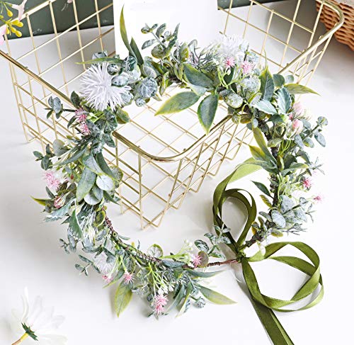 Vivivalue Boho Flower Headband Women Flower Crown Hair Wreath Floral Headpiece Halo with Ribbon Wedding Party White - color: 33