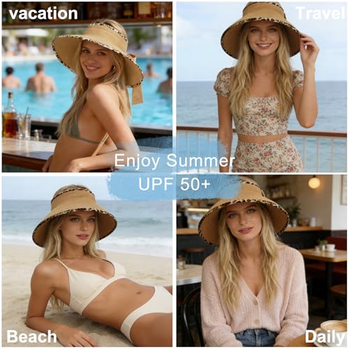 Women's Sun Visor Hats Wide Brim Beach Hat Straw Ponytail Visor Packable Foldable UPF 50+ Floppy Travel Hats - color: Khaki02